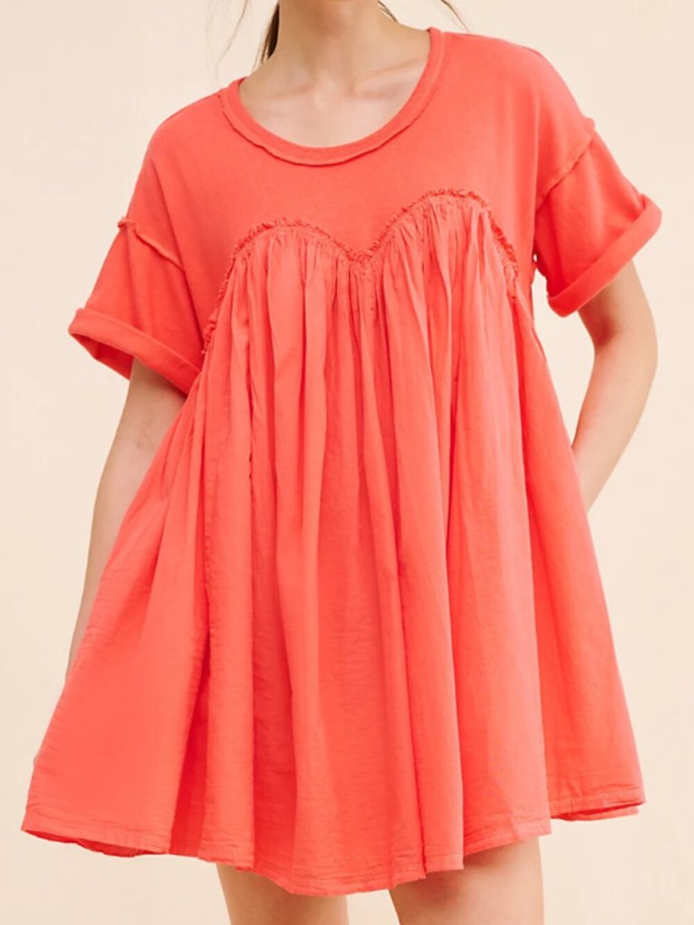 Free People Catalina Babydoll Mini Cotton Dress S Red Cuffed Sleeves Sweetheart